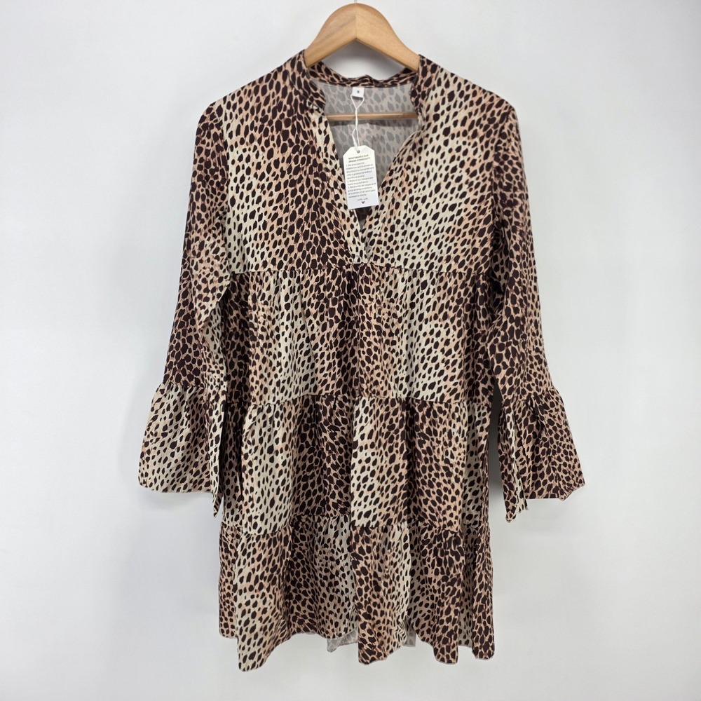 Made With Love Leopard Print Dress Womens S Brown Tiered Bell Sleeve Mini Boho